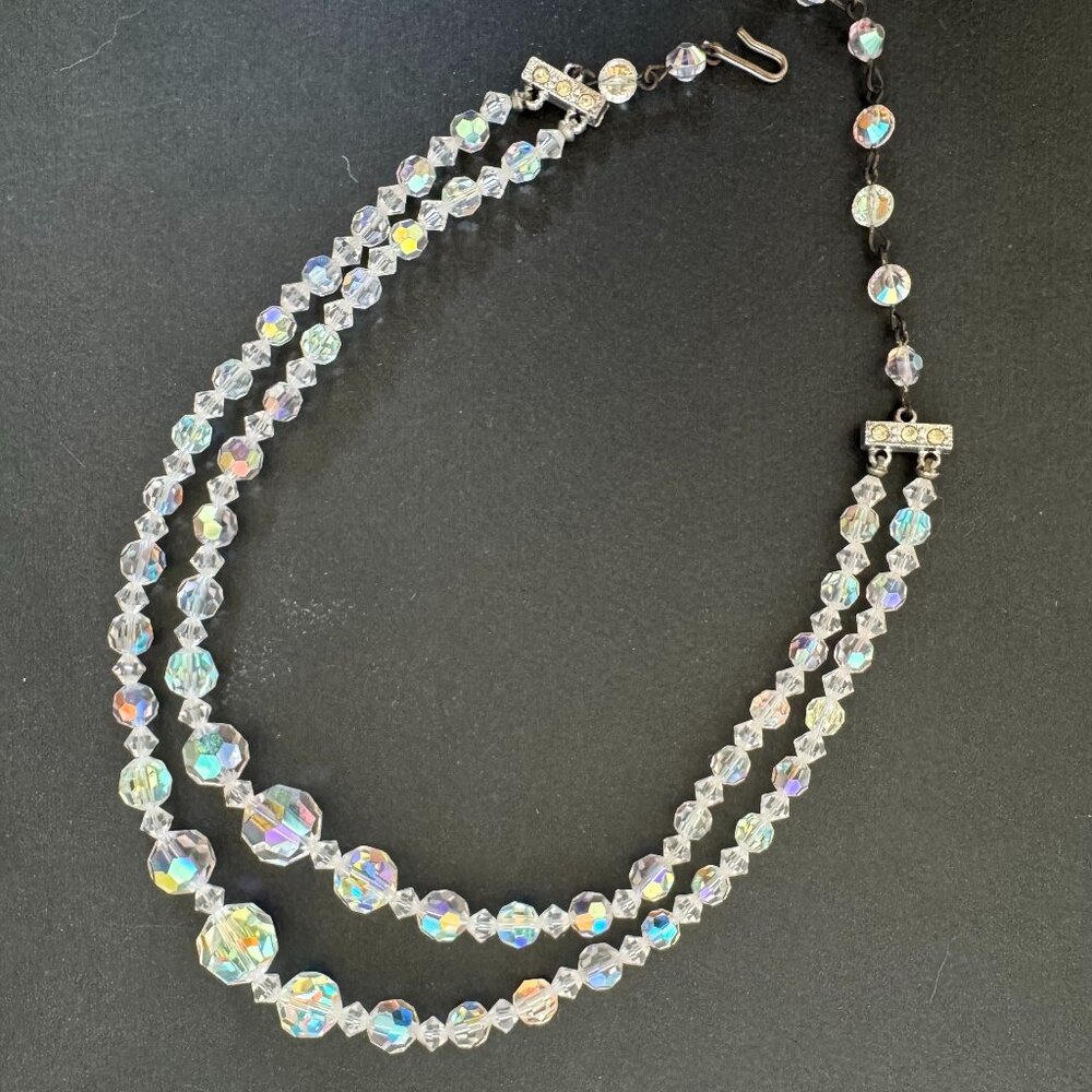 Vintage 2 Strand Faceted Crystal Aurora Borealis Necklace Glamour
